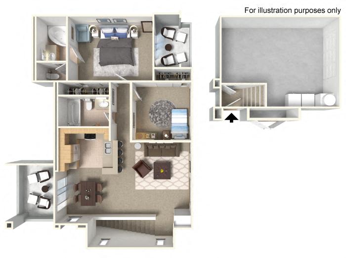 Floor plan for 2 beds, 2 baths, 923 sqft